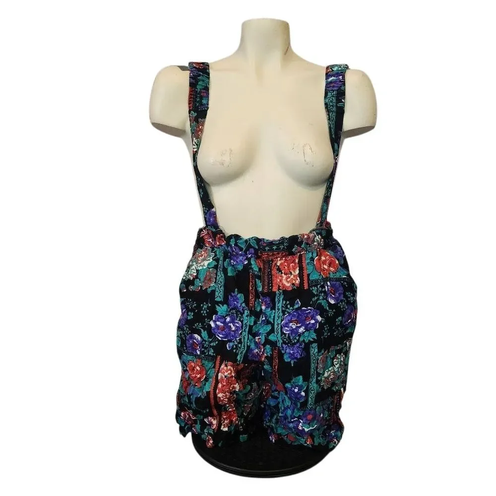 Vintage 80's Cotton Tree Floral Suspender Shorts Size Medium